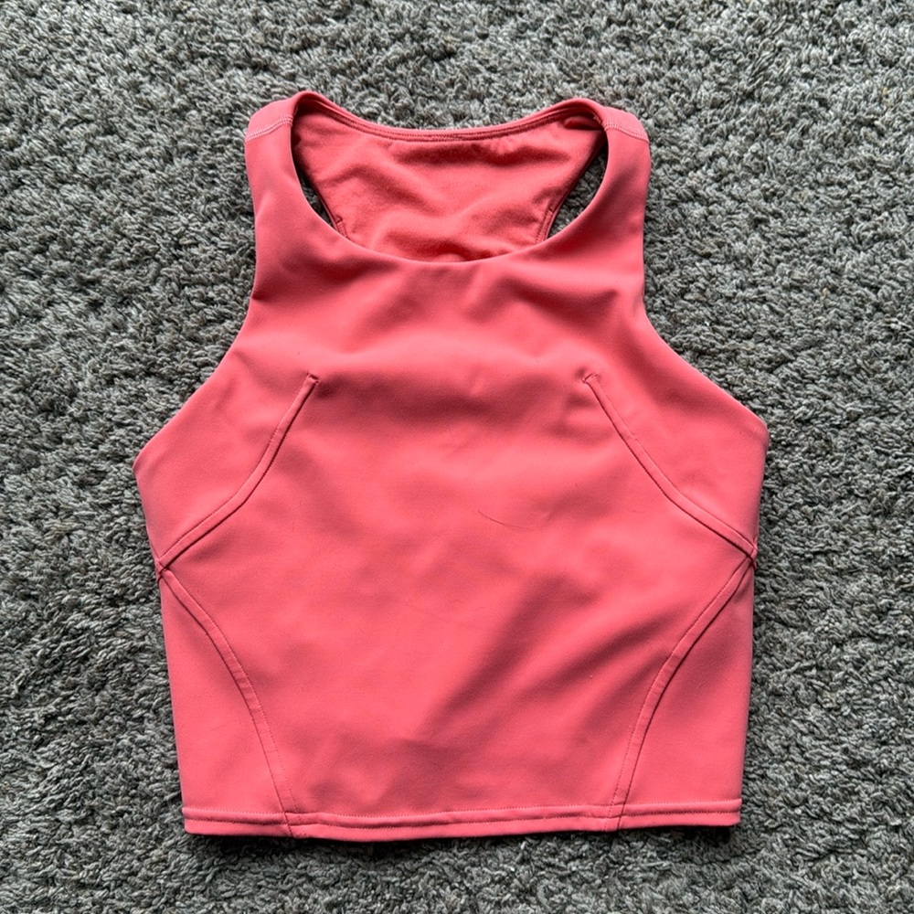 Lululemon “Align High Neck” crop tank top w/built in bra, coral color Sz. 4